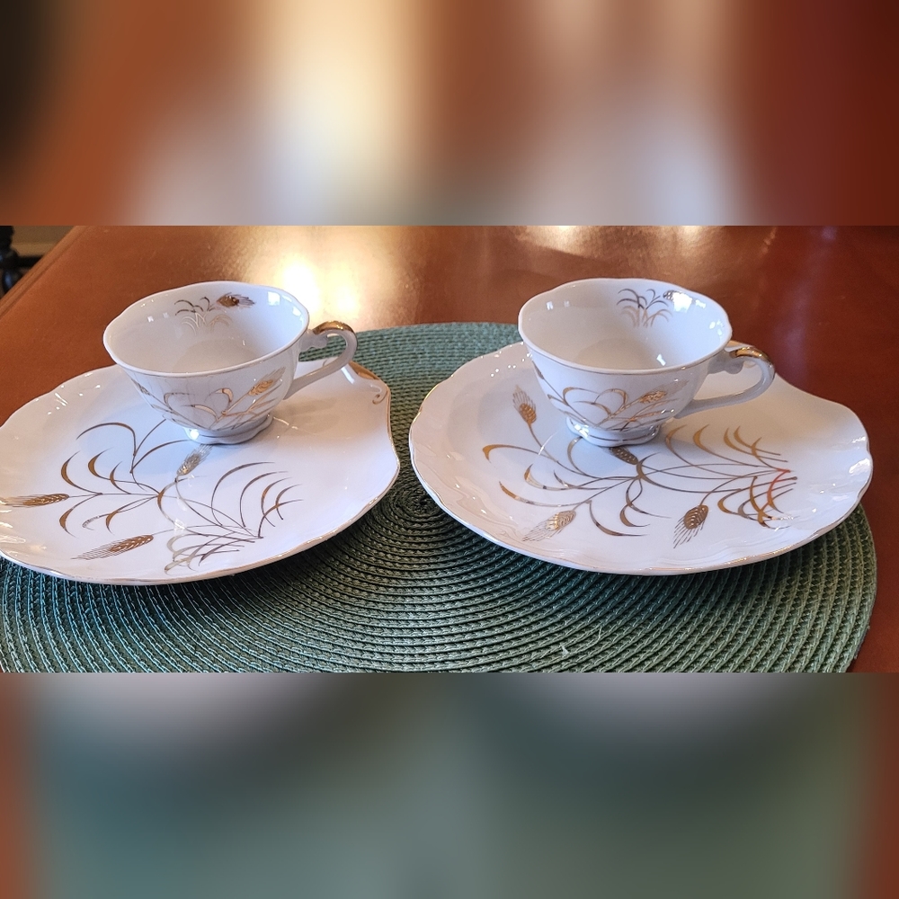 Set of 2 VTG Lefton China Snack Sandwich Plate & Tea Cup Gold Wheat Pattern MCM